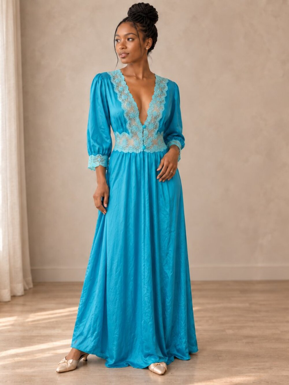 Vintage 70’s Goddess Nightgown L/XL Blue Nylon Gown Made in Greece Lingerie